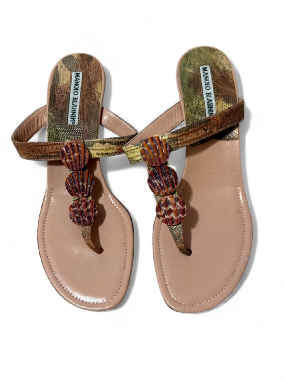 Manolo Blahnik Pink and Brown Leather Thong Mules